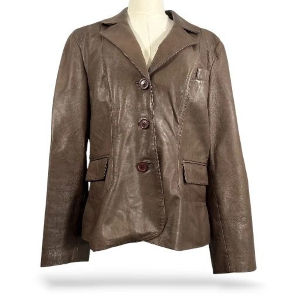 Tahari Leather Blazer Jacket Womens Size L Brown Button Upβ Long Sleeve Career